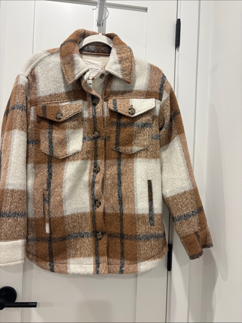 Avec Les Filles Cream and Brown Plaid Shacket